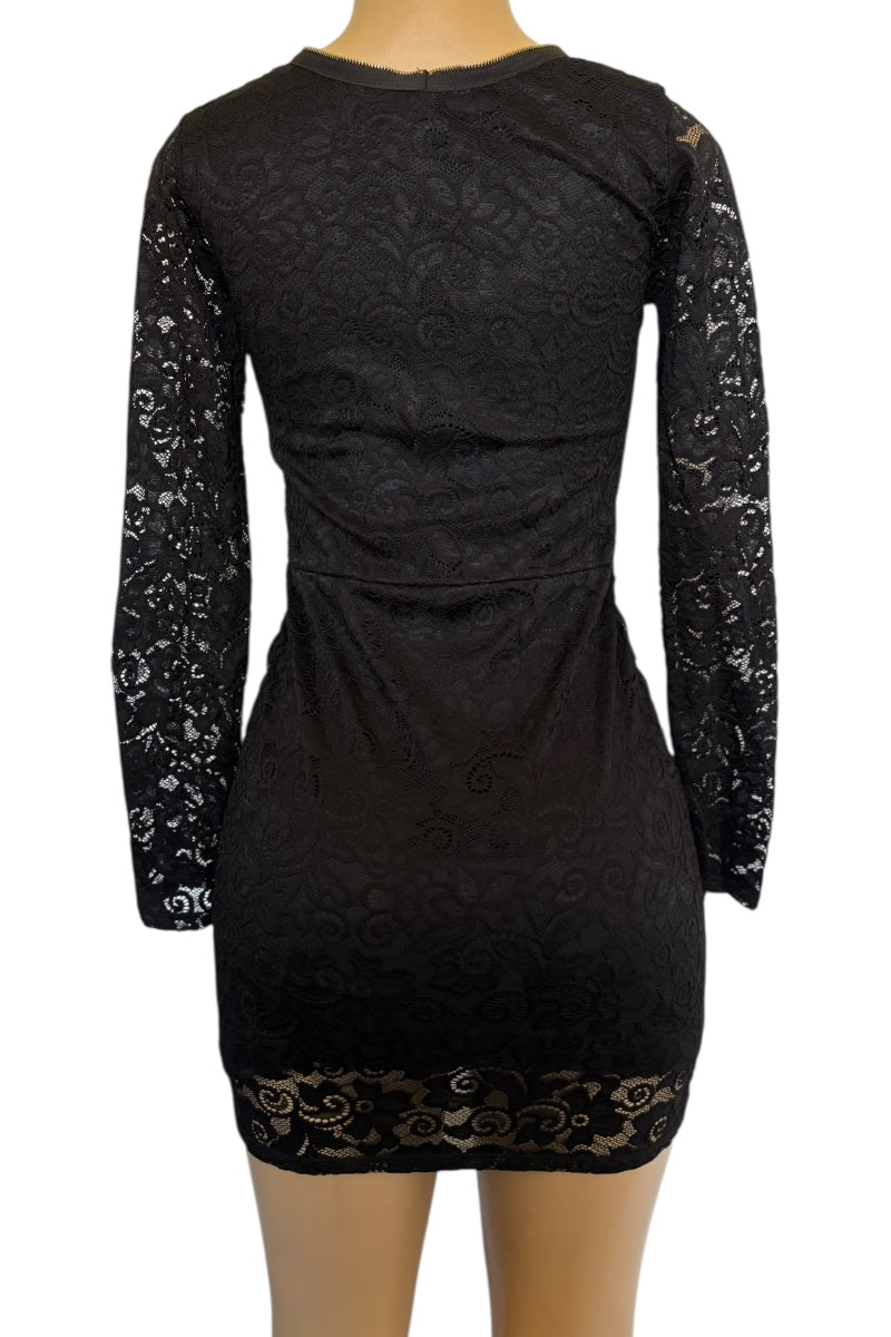 Black dress with floral lace sleeves on a white background