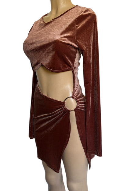caramel velvet dress on a mannequin against a white background
