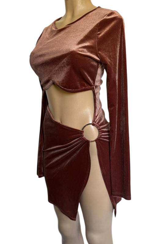 caramel velvet dress on a mannequin against a white background