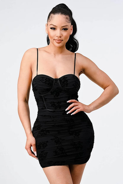 Lux Mesh Velvet Lily Flocking Contrast Bodycon Dress - Black