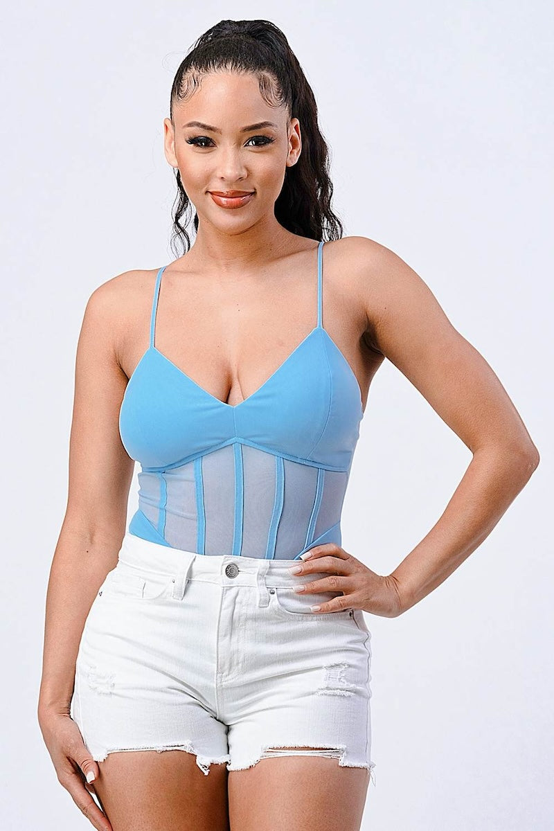 Luxe Super Stretch Mesh Contrast Bodysuit - Light Blue