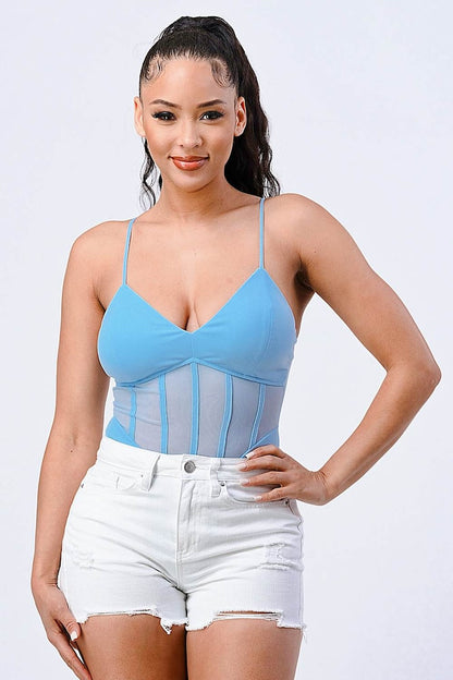Luxe Super Stretch Mesh Contrast Bodysuit - Light Blue