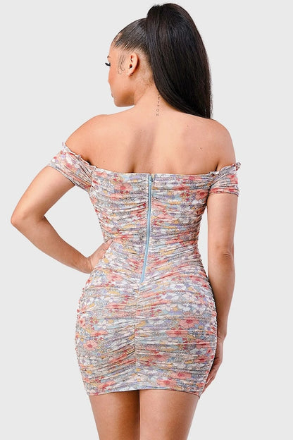  Floral Mesh Sweetheart Off Shoulder Mini Dress