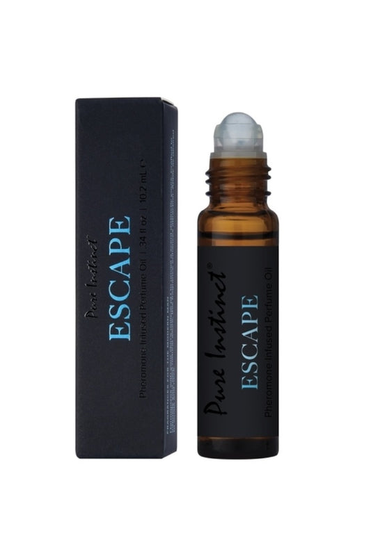 Roll-on bottle and packaging of 'Pure Instinct Escape' on a white background