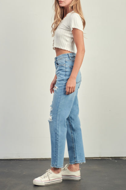 High Rise Distressed Slim Straight Jeans