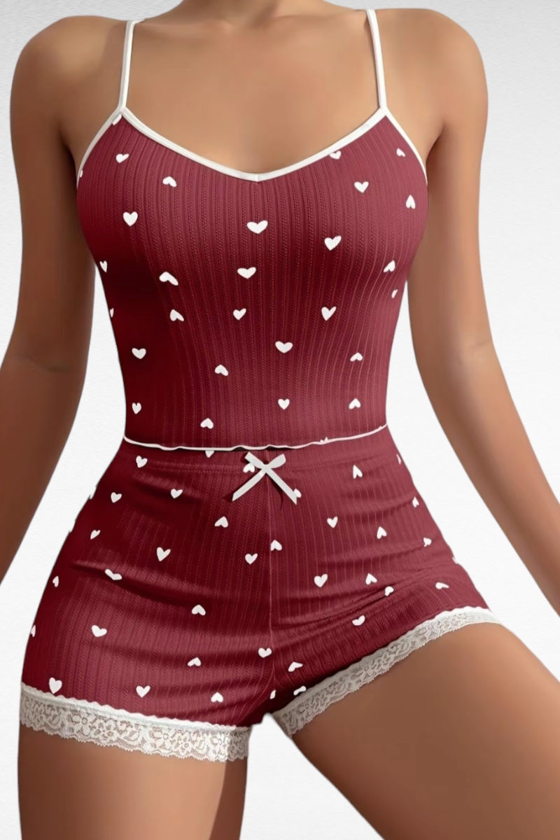 Heart Print W/ Lace Trim Set - Burgundy