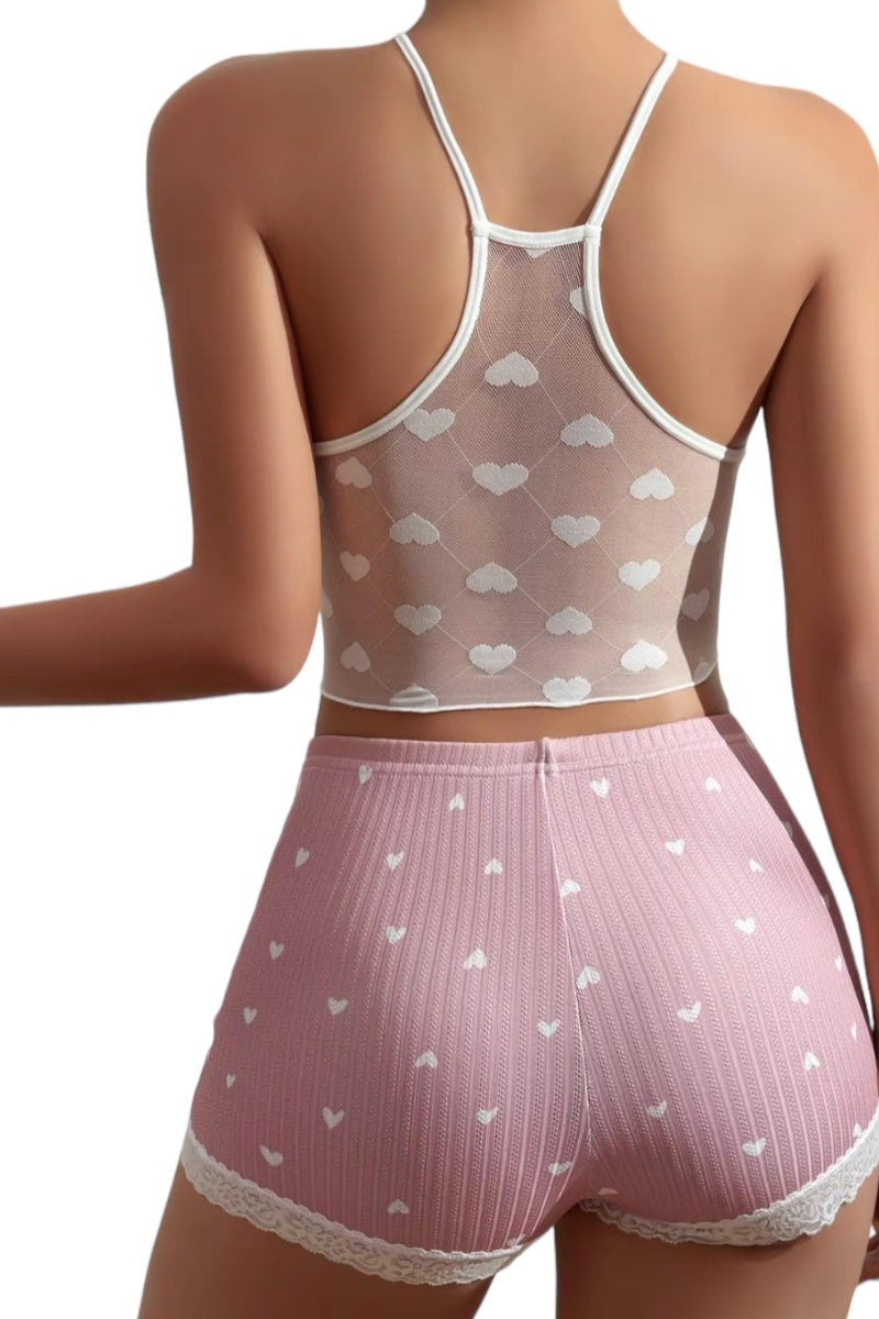 Heart Print W/ Lace Trim Set - Pink