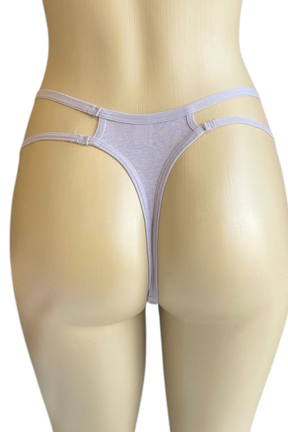 lavender thong on a mannequin against a white background