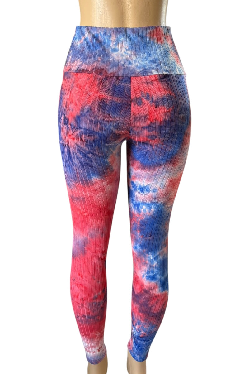 Multicolored tie-dye leggings on a mannequin against a white background