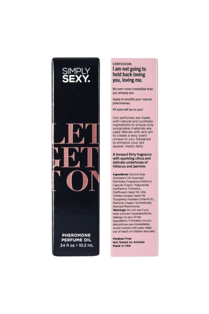 Perfume oil packaging with 'Simply Sexy' branding on a white background