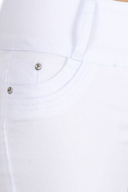 Close-up of white pants with a button detail on a white background