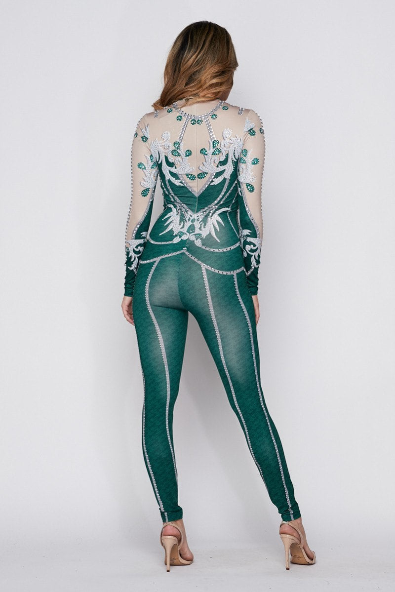 Printed Long Sleeve Jumpsuit W/ Embellished Rhinestones