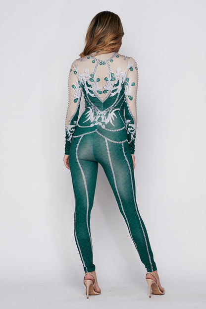 Printed Long Sleeve Jumpsuit W/ Embellished Rhinestones