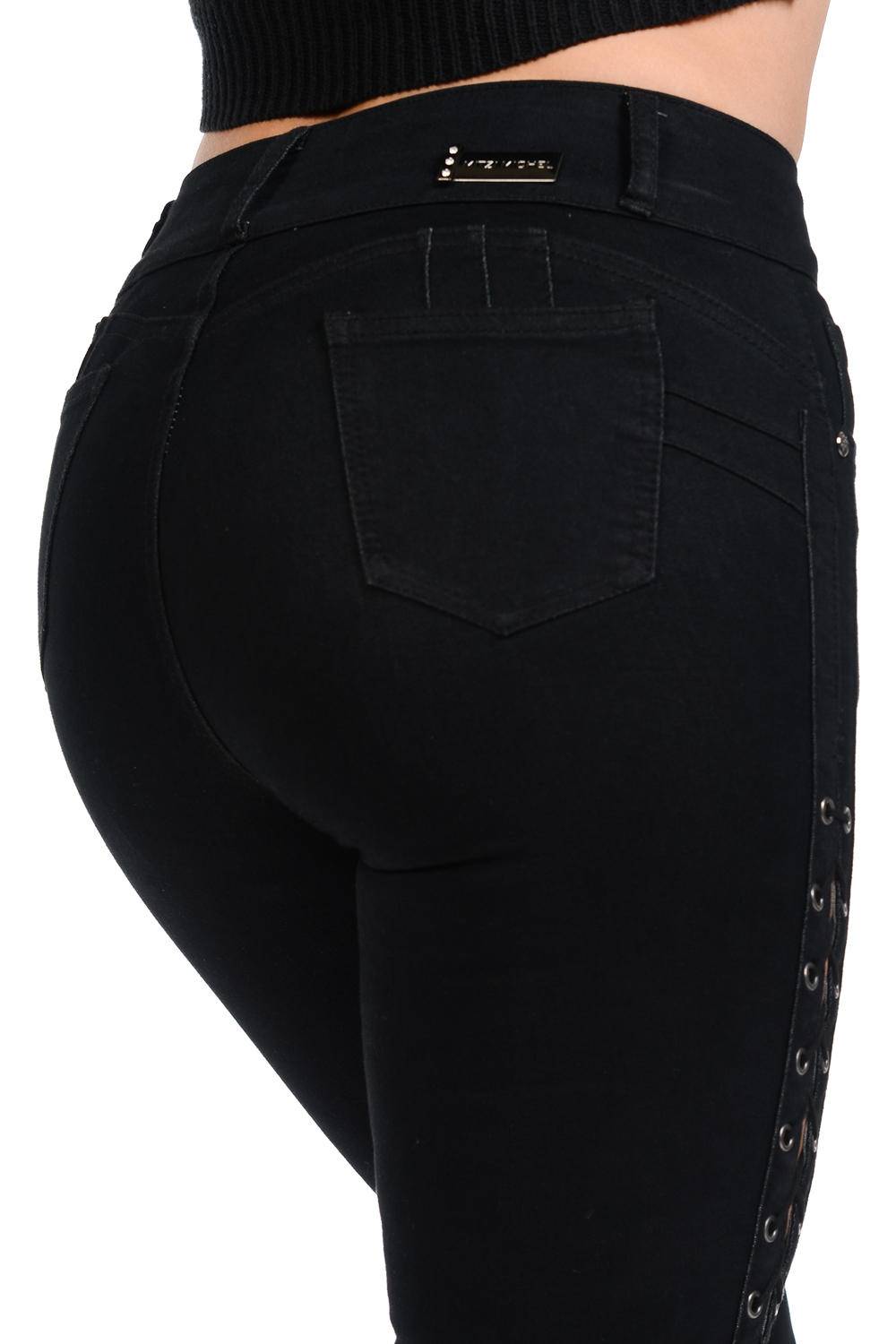 Black pants with lace-up side details on a white background