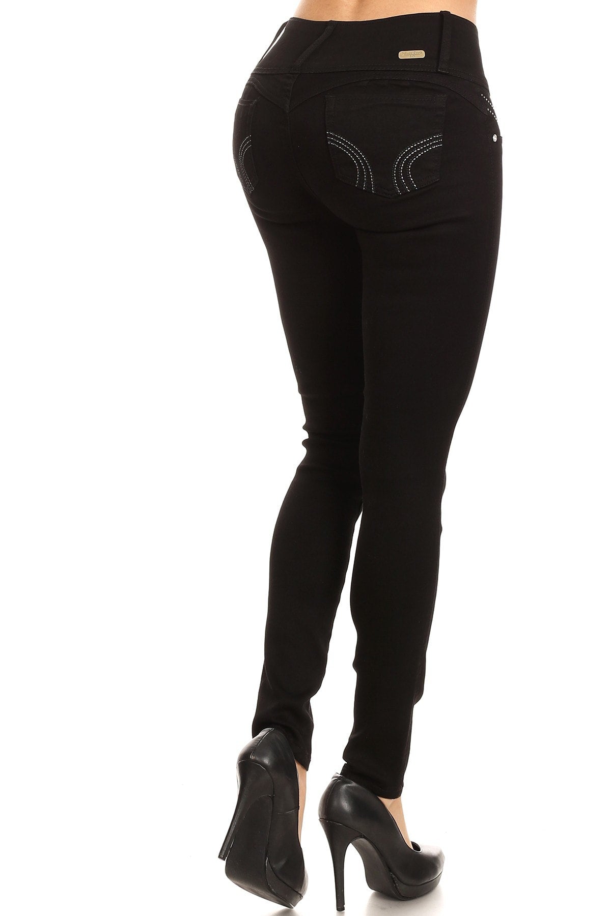 Black jeans with decorative elements on a white background