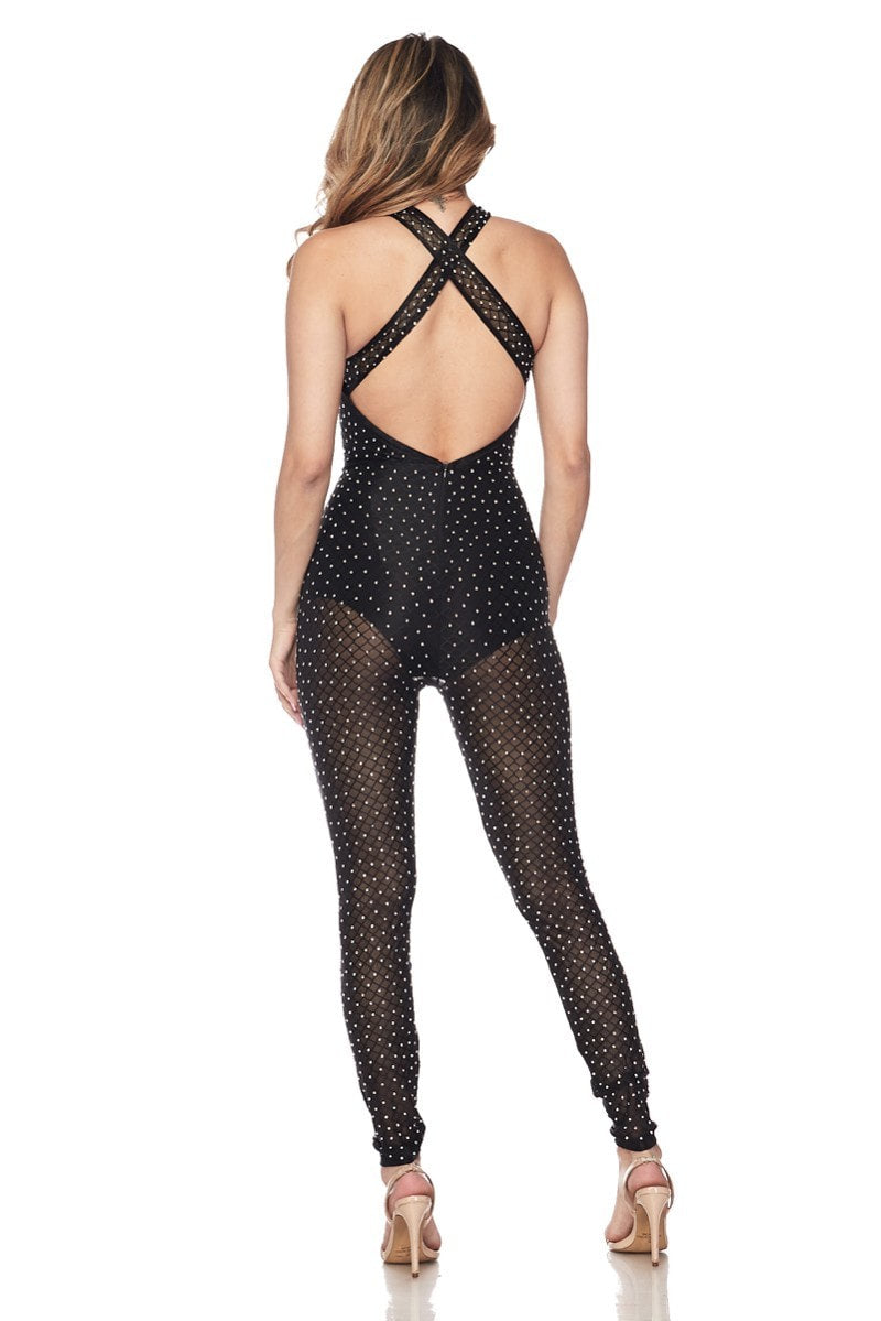 Crossed Back & Front Sheer Jumpsuit W/ Rhinestones