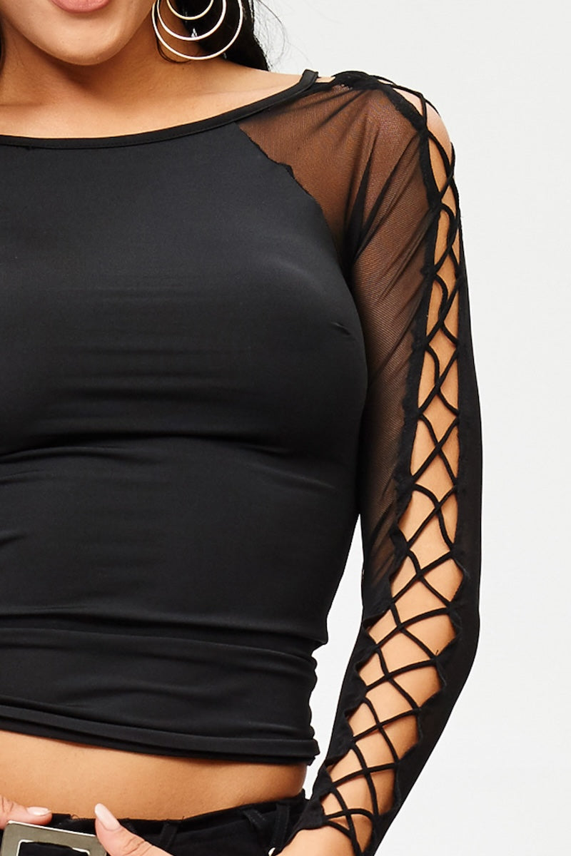 Criss Cross Top W/ Mesh Sleeves