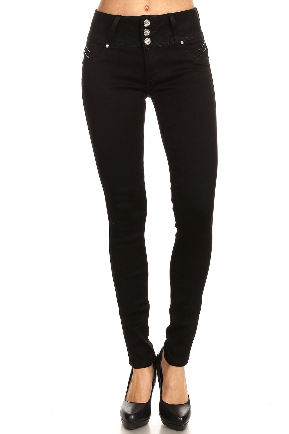 Black jeans with silver buttons on a white background