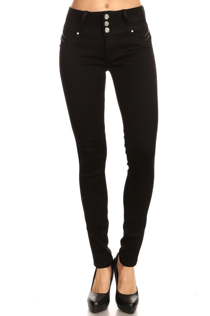 Black jeans with silver buttons on a white background