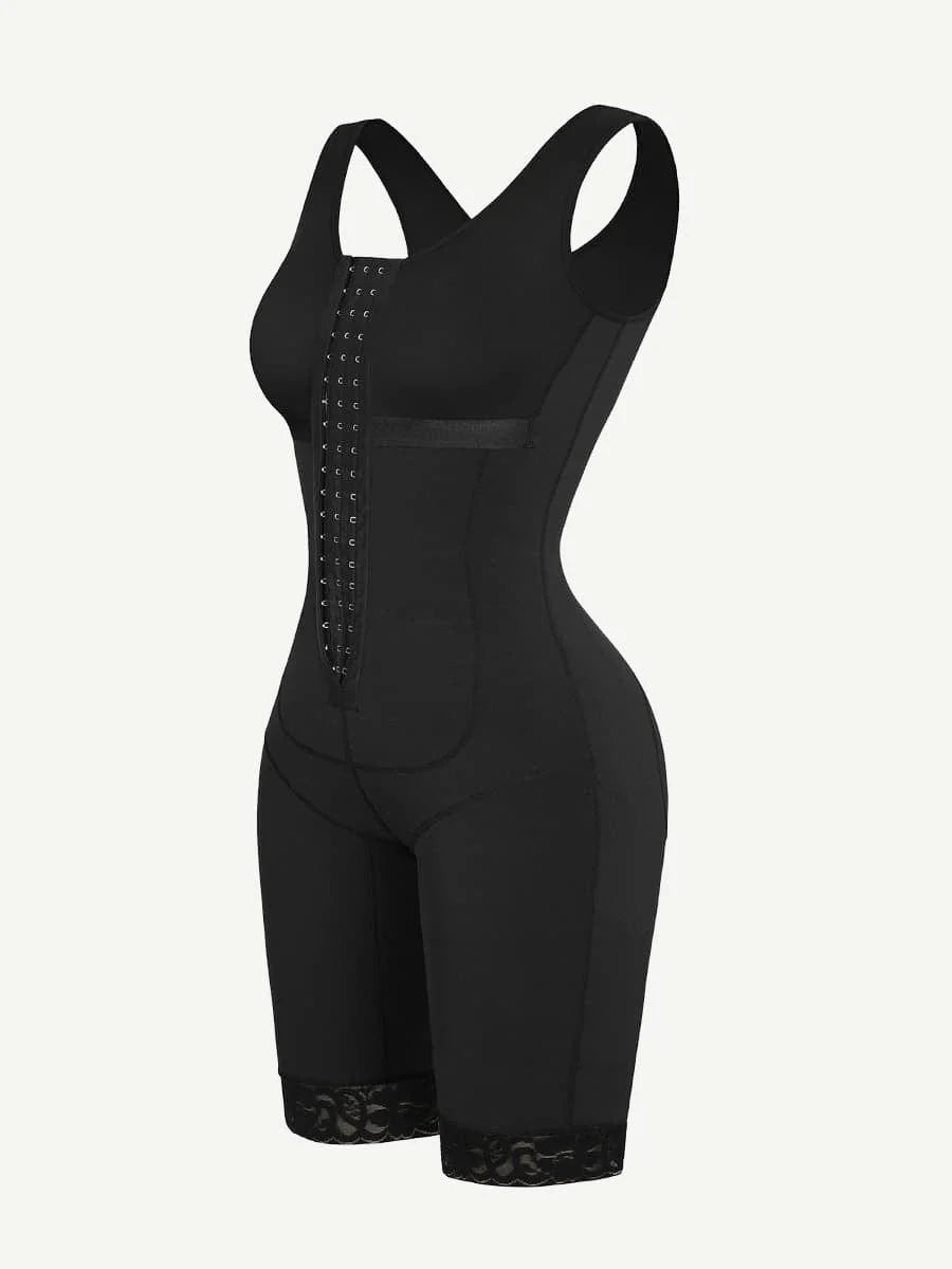 Black bodysuit with lace details on a white background