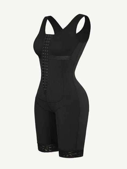 Black bodysuit with lace details on a white background
