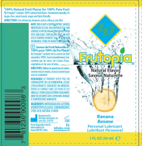 Frutopia banana-flavored personal lubricant packaging with text and branding.
