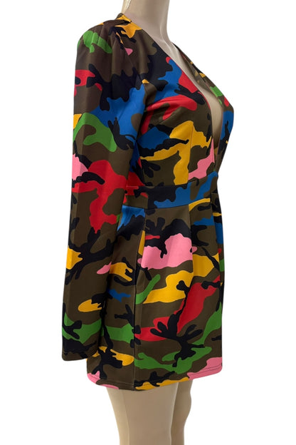 Colorful camouflage-patterned romper on a mannequin against a white background