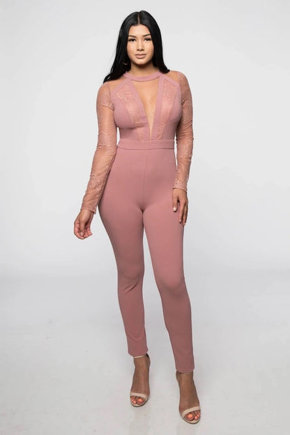 Lace & Mesh Insert Plunge Jumpsuit