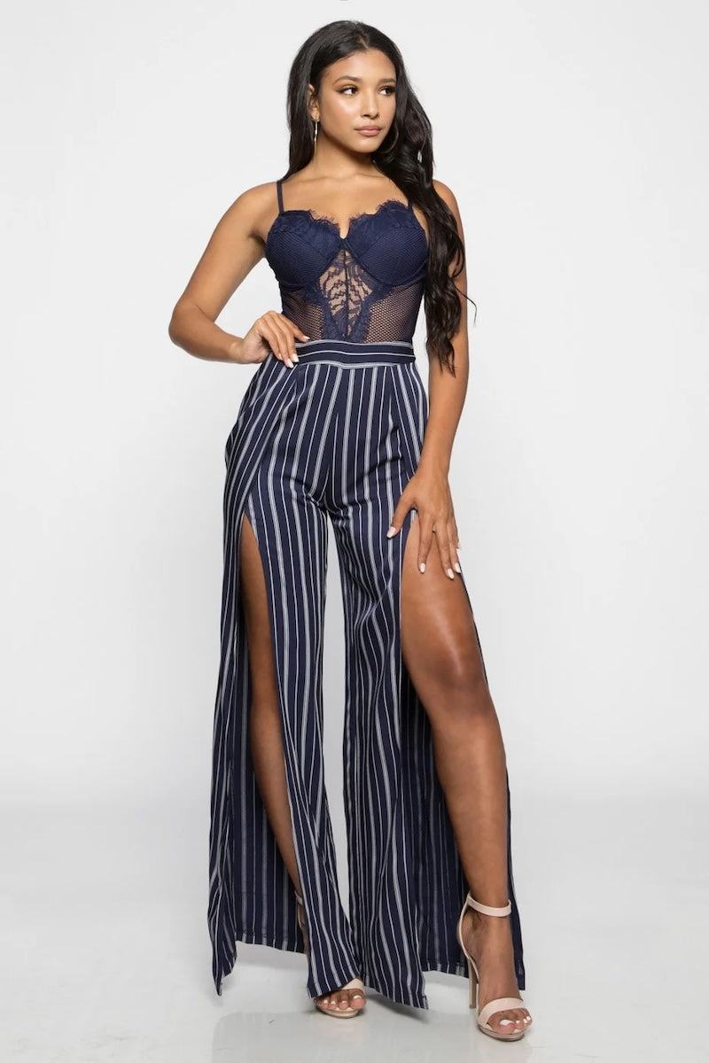 Lace Bustier Pinstripe Jumpsuit