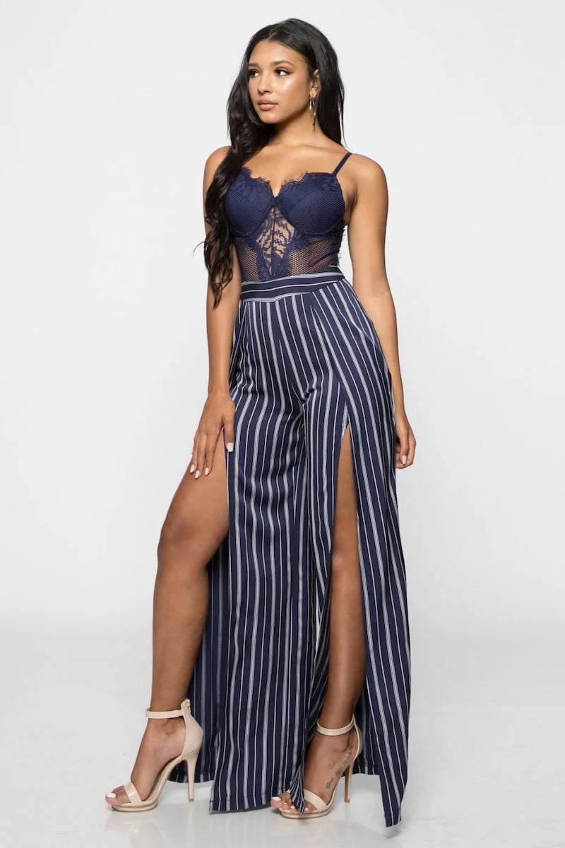 Lace Bustier Pinstripe Jumpsuit