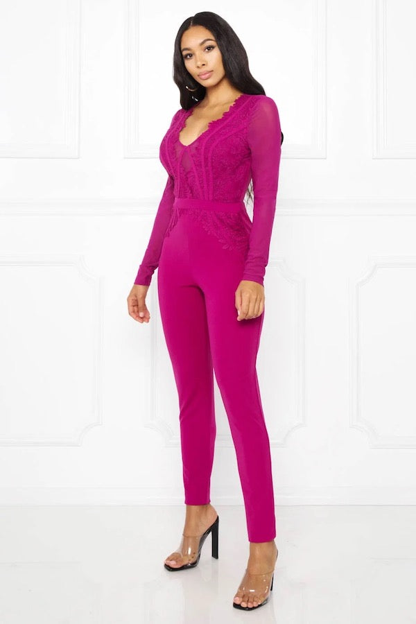 Crotchet Lace & Binding Mesh Long Sleeve Jumpsuit