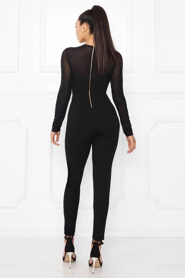 Crotchet Lace & Binding Mesh Long Sleeve Jumpsuit