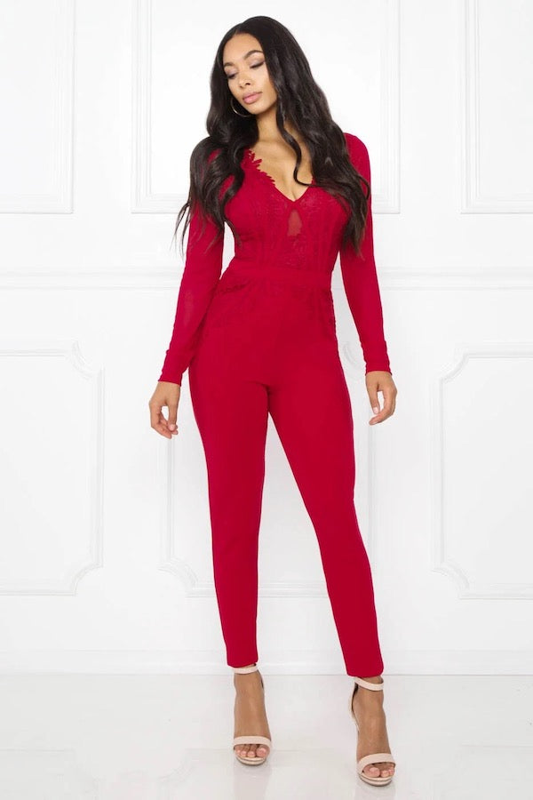 Crotchet Lace & Binding Mesh Long Sleeve Jumpsuit