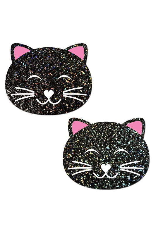Happy Black Glitter Kitty Cat Nipple Pasties - Pastease