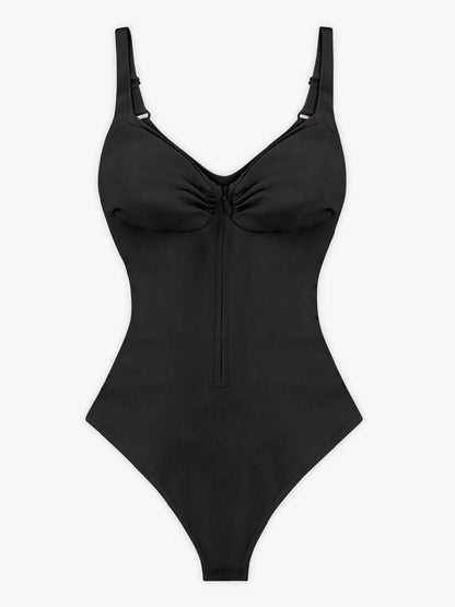 Black bodysuit with thin straps on a white background