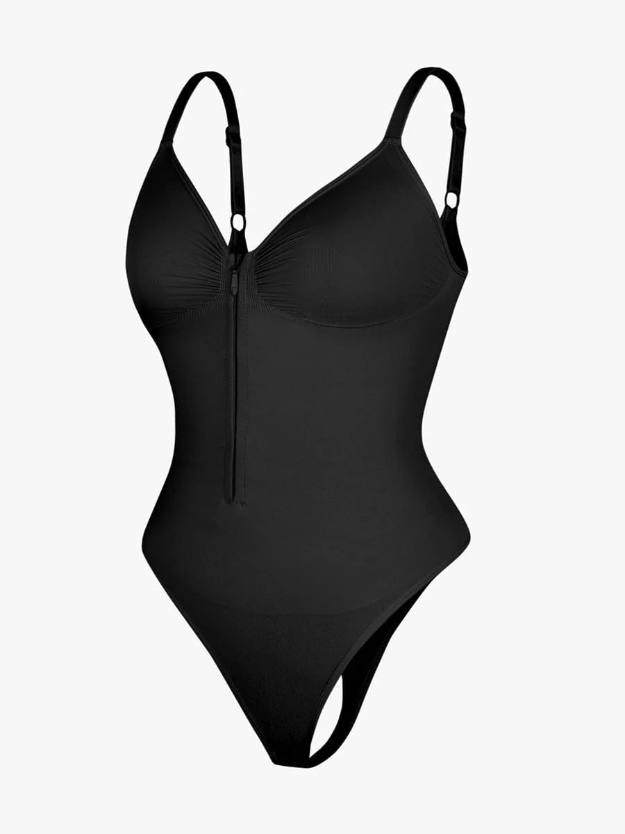 Black bodysuit on a light gray background