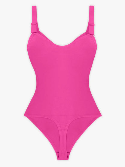 Pink one-piece bodysuit on a white background