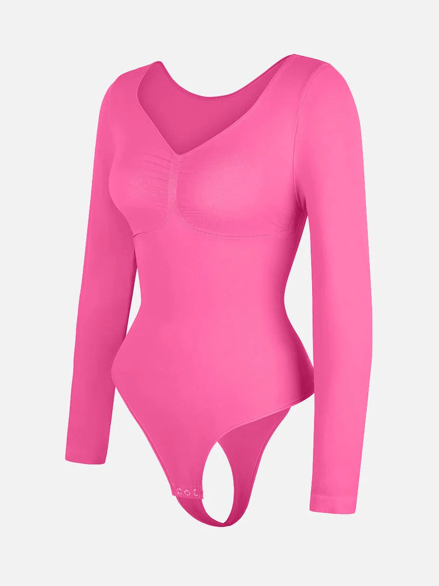 Pink bodysuit with long sleeves on a white background