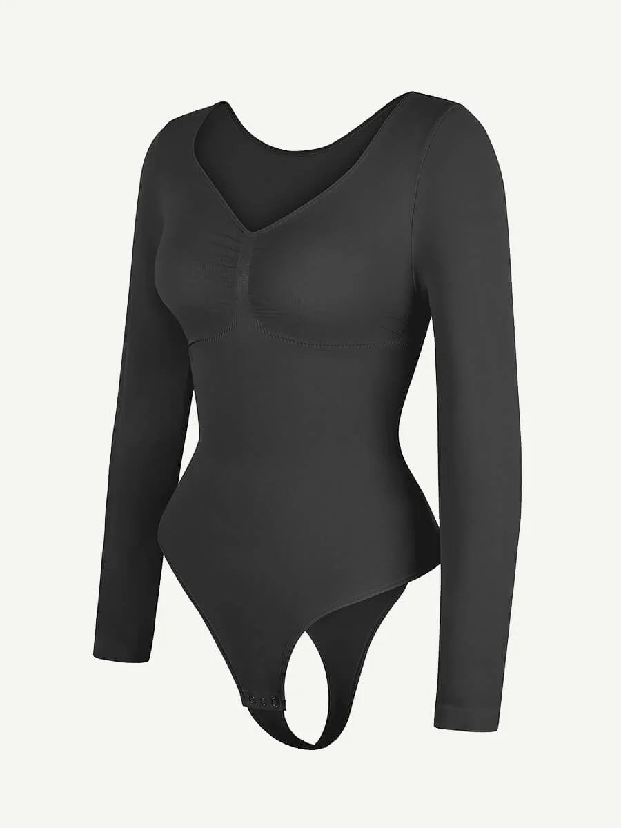 Black bodysuit with long sleeves on a white background