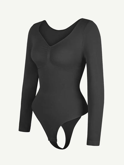 Black bodysuit with long sleeves on a white background