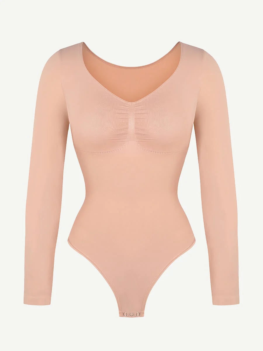 Beige bodysuit with long sleeves on a light gray background