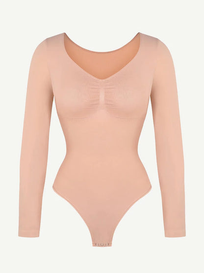 Beige bodysuit with long sleeves on a light gray background
