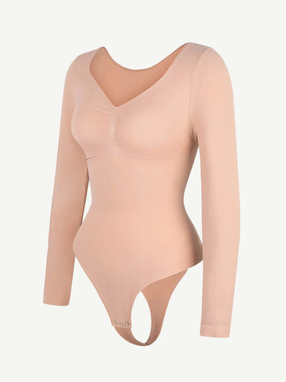 Beige bodysuit with long sleeves on a white background