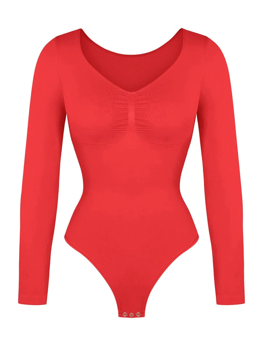 Red bodysuit with long sleeves on a white background
