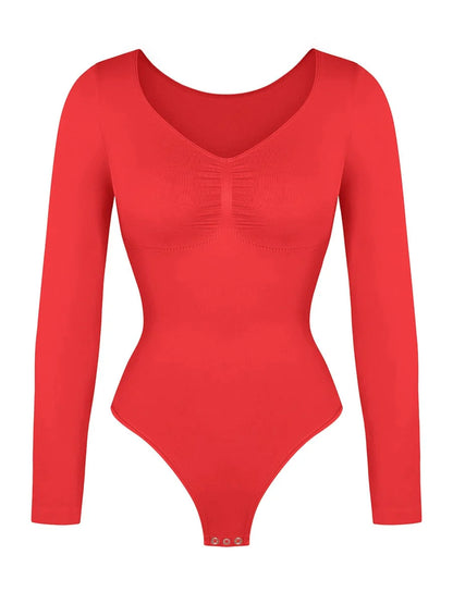 Red bodysuit with long sleeves on a white background