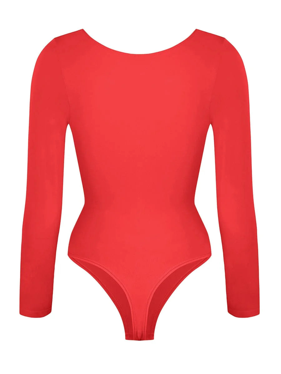 Red bodysuit with long sleeves on a white background