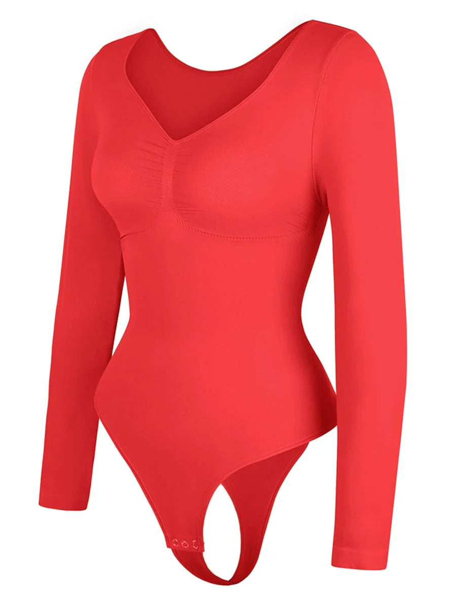 Red bodysuit with long sleeves on a white background