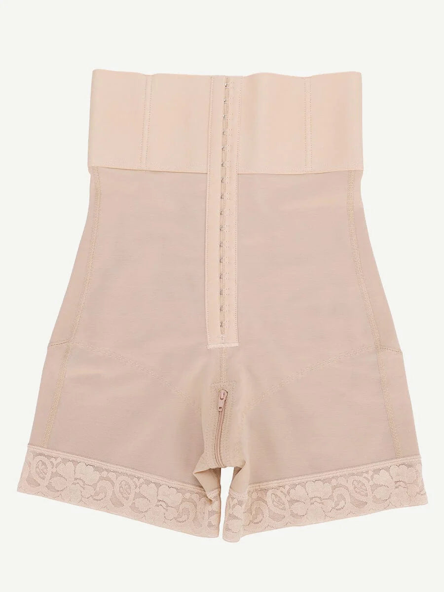 Beige shapewear with lace trim on a white background