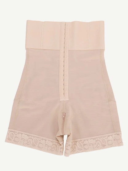 Beige shapewear with lace trim on a white background