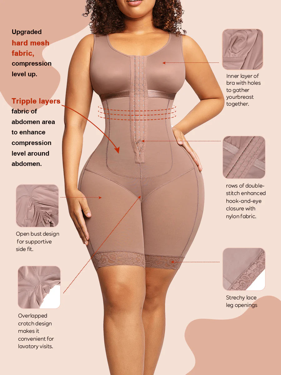 Woman wearing a shapewear garment with feature labels on a beige background